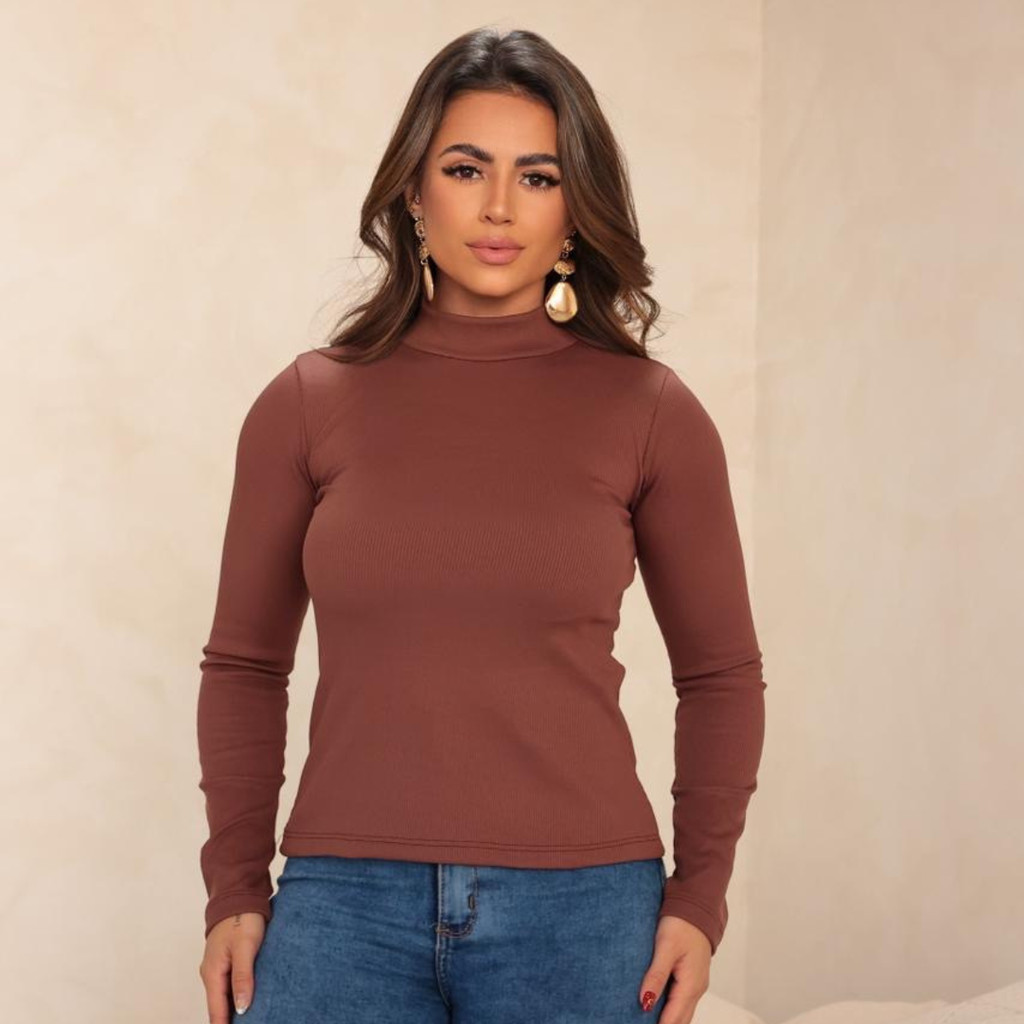 Blusa Manga Longa Feminina Gola Alta Canelada Flanelada Felpuda