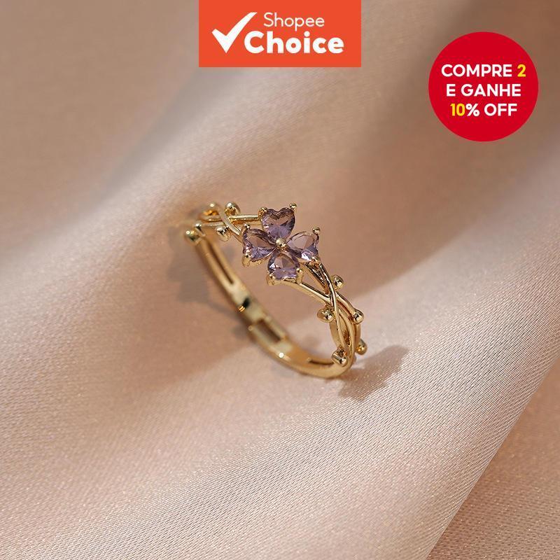 Anel De Trevo Estilo Coreano – Faixa Ajustável De Zircônia Roxa , Joia De Amor Da Sorte , Presente Para Mulheres