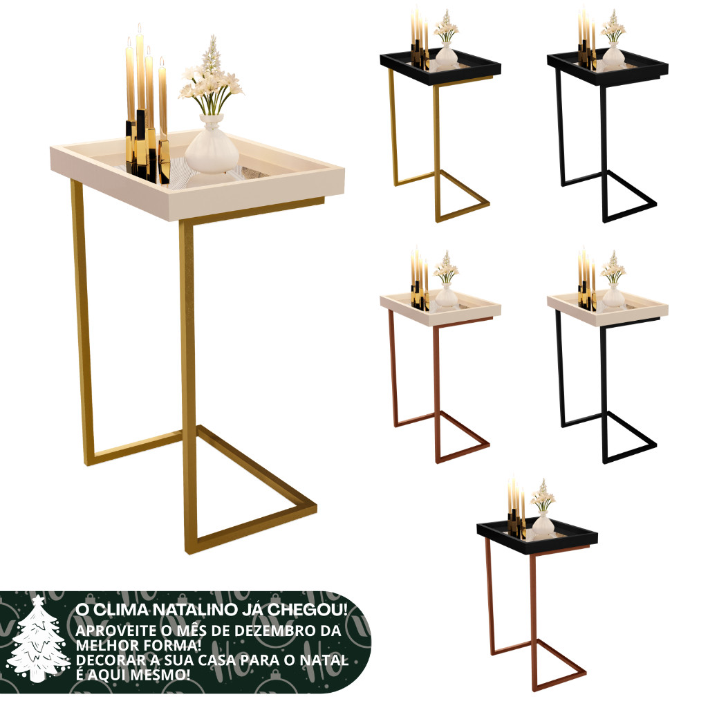 Mesa Lateral Espelhada Apoio Sala Sofá com Pés de Ferro Decoração Resistente Elegante e Moderna