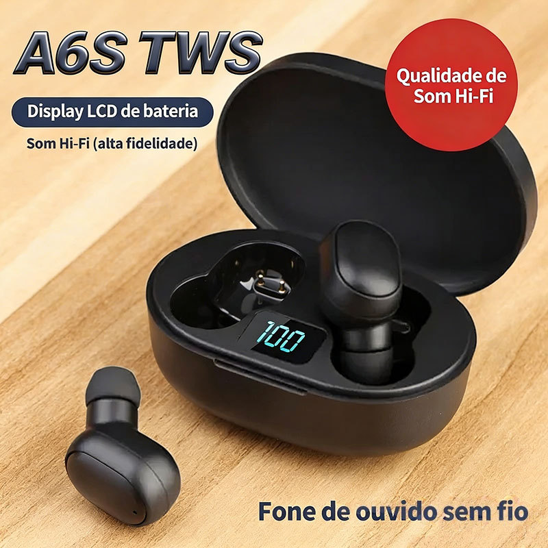 Fone De Ouvido Sem Fio A6S Bluetooth 5.0 Tws Preto fone bluetooth carregador portátil earphone