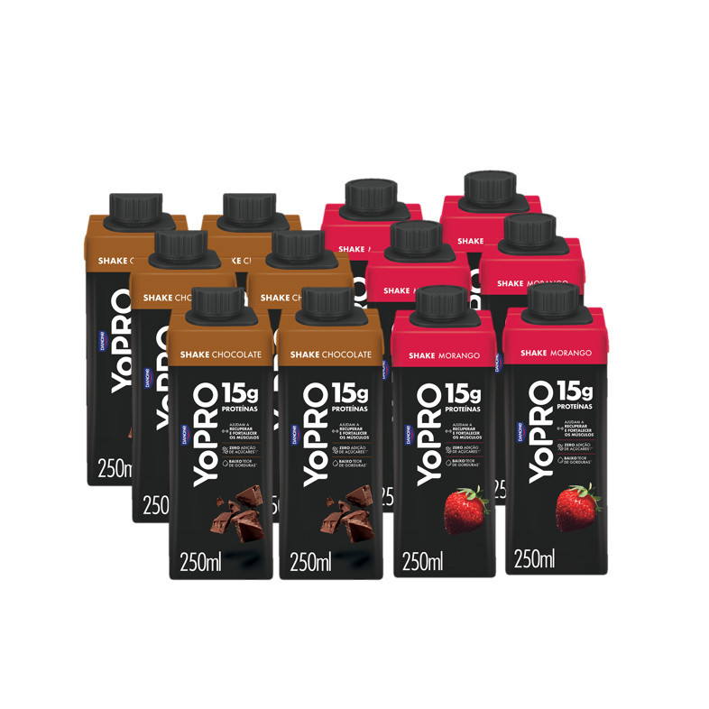 Kit YoPRO 6x 15g Chocolate 250ml + 6x 15g Morango 250ml