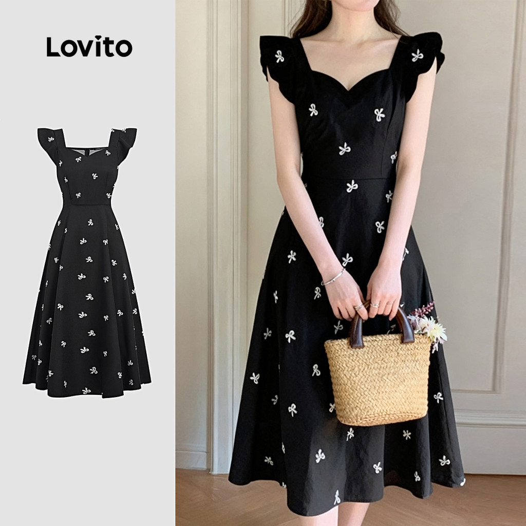 Lovito Vestido Elegante com Babados para Primavera/verão Preto para Mulheres L166AD371 em Oferta na Shopee