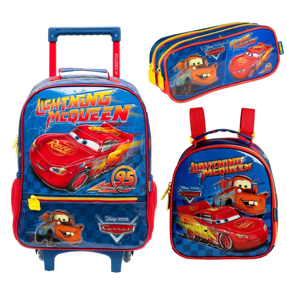 Kit Mochila de carrinho Escolar Com Rodinhas lancheira e estojo duplo Carros Original
