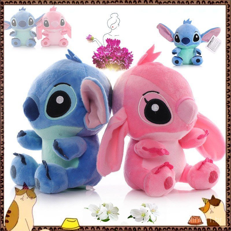 Disney Lilo & Stitch 20cm Casal Rosa Azul Kawaii Dois Brinquedos de Pelúcia de Desenho Animado Chaveiro Pingente Boneca
