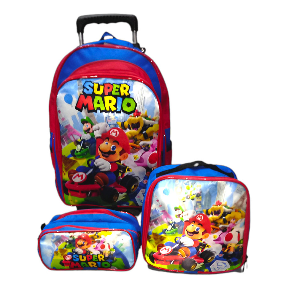  Kit Mochila Infantil Mario Bros Rodinhas Bolsa Escolar 