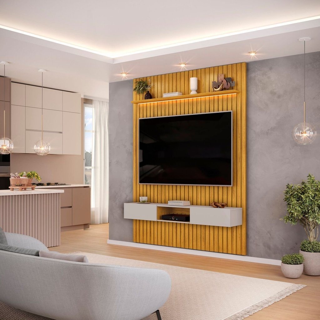 Painel Ripado para TV até 60 Polegadas com MDF 183cmx240cm Led Trento Marrom Cedro/Bali Cedro/Bali