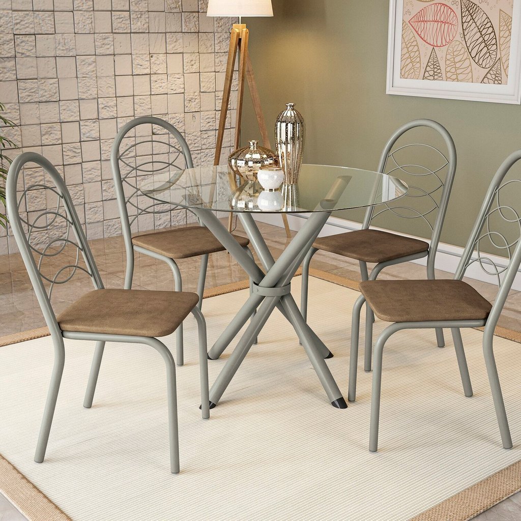 Conjunto Mesa Volga Tampo de Vidro e 4 Cadeiras Holanda Nickel/Capuccino