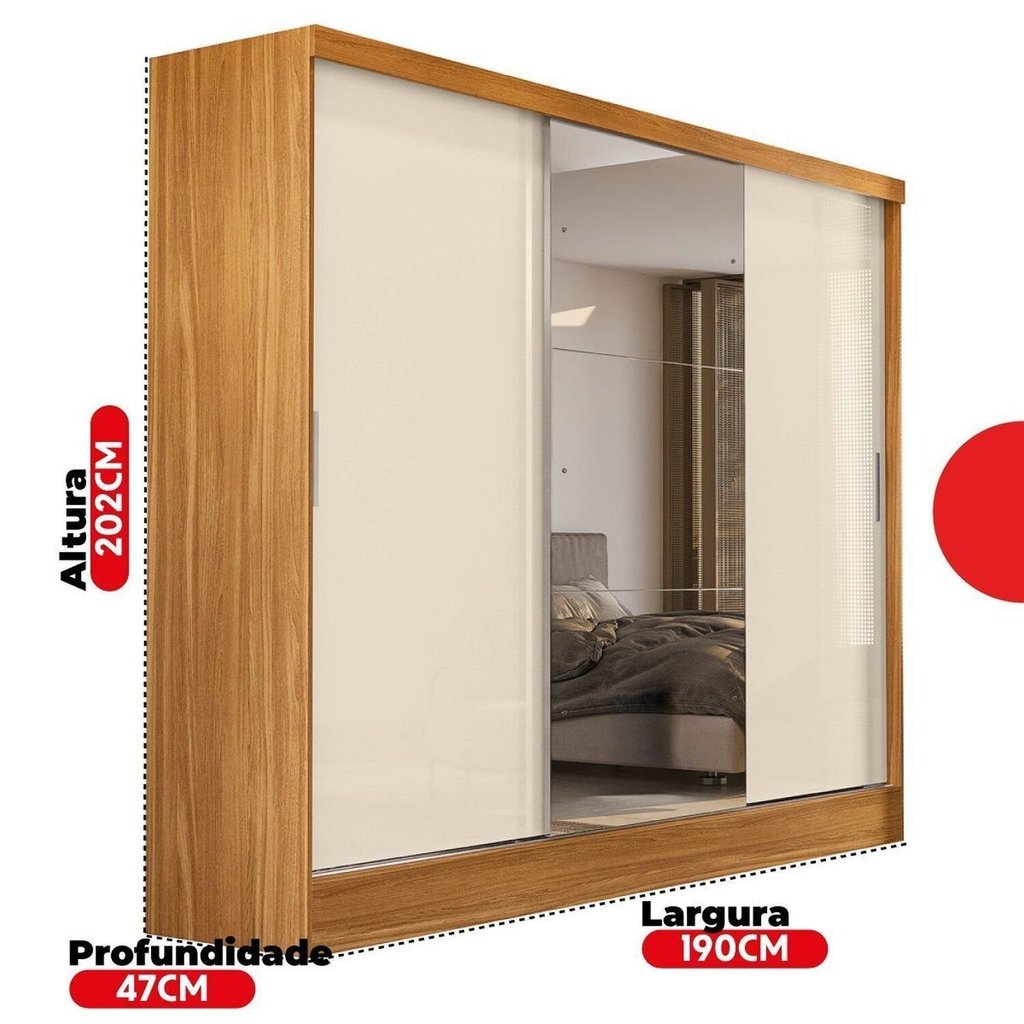 Guarda-Roupa Casal com Espelho 3 Portas de Correr e 2 Gavetas Plata Cinamomo/Off White Marrom Cinamomo/Off White