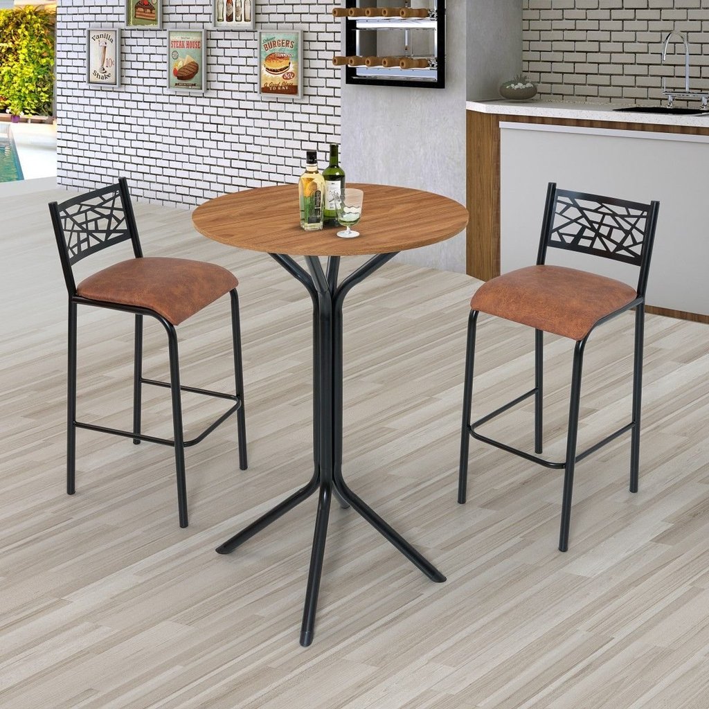 Conjunto Bistrô Dani 2 Banquetas e Mesa Tampo BP Redondo Preto/Fosco/Caramelo Caramelo
