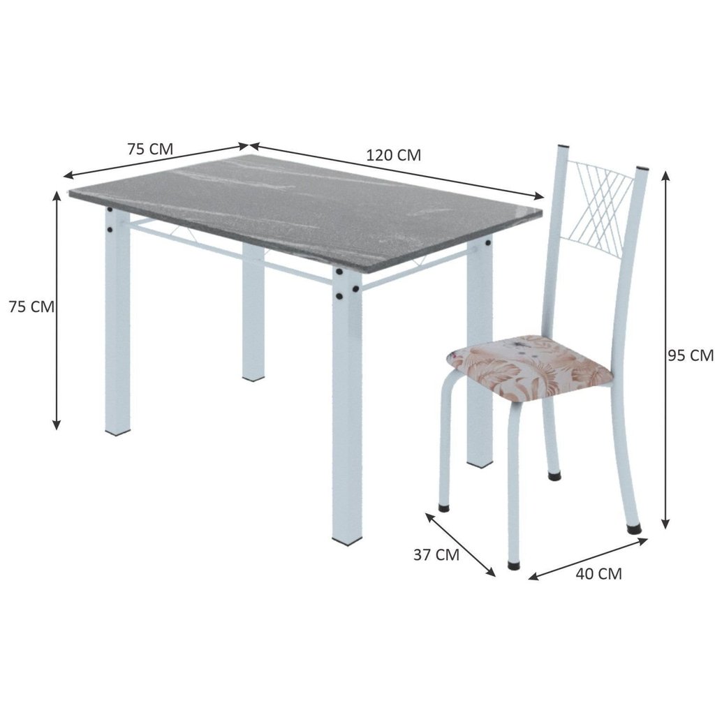 Conjunto de Jantar Mesa 120x75cm Tampo de Granito Topázio com 4 Cadeiras Sara Yescasa Botanic Bege/Branco