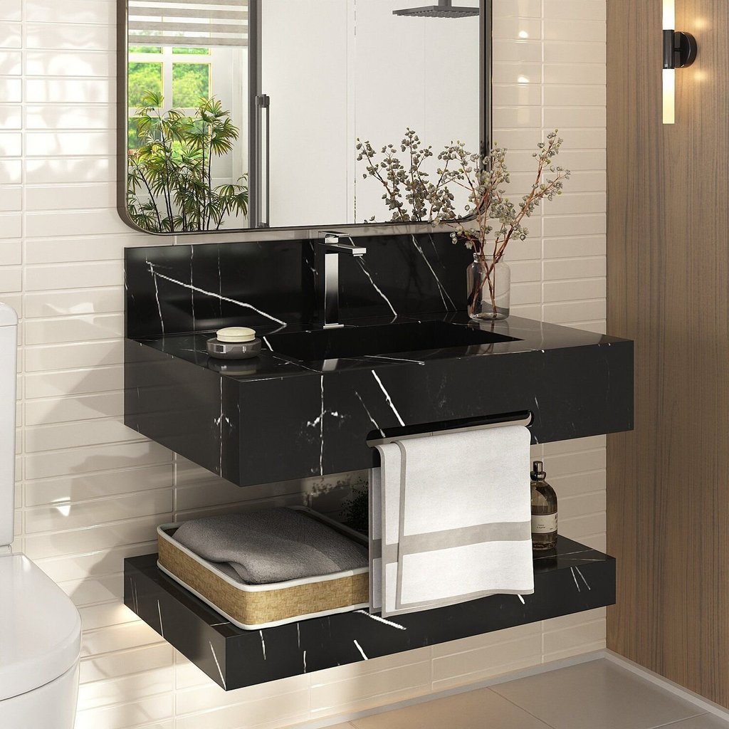 Bancada de Porcelanato para Banheiro com Toalheiro e Cuba Esculpida 70cm Ripy Preto Preto