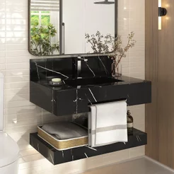 Bancada de Porcelanato para Banheiro com Toalheiro e Cuba Esculpida 70cm Ripy Yescasa Preto Preto