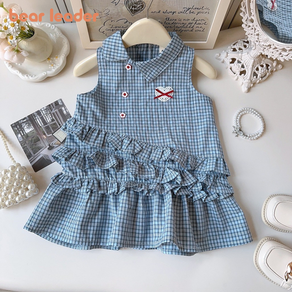 Urso Líder Versão Coreana Azul Elegante Terno Casual Com Lapela Xadrez Sem Mangas Vestido Para Meninas De 2 A 7 Anos Est