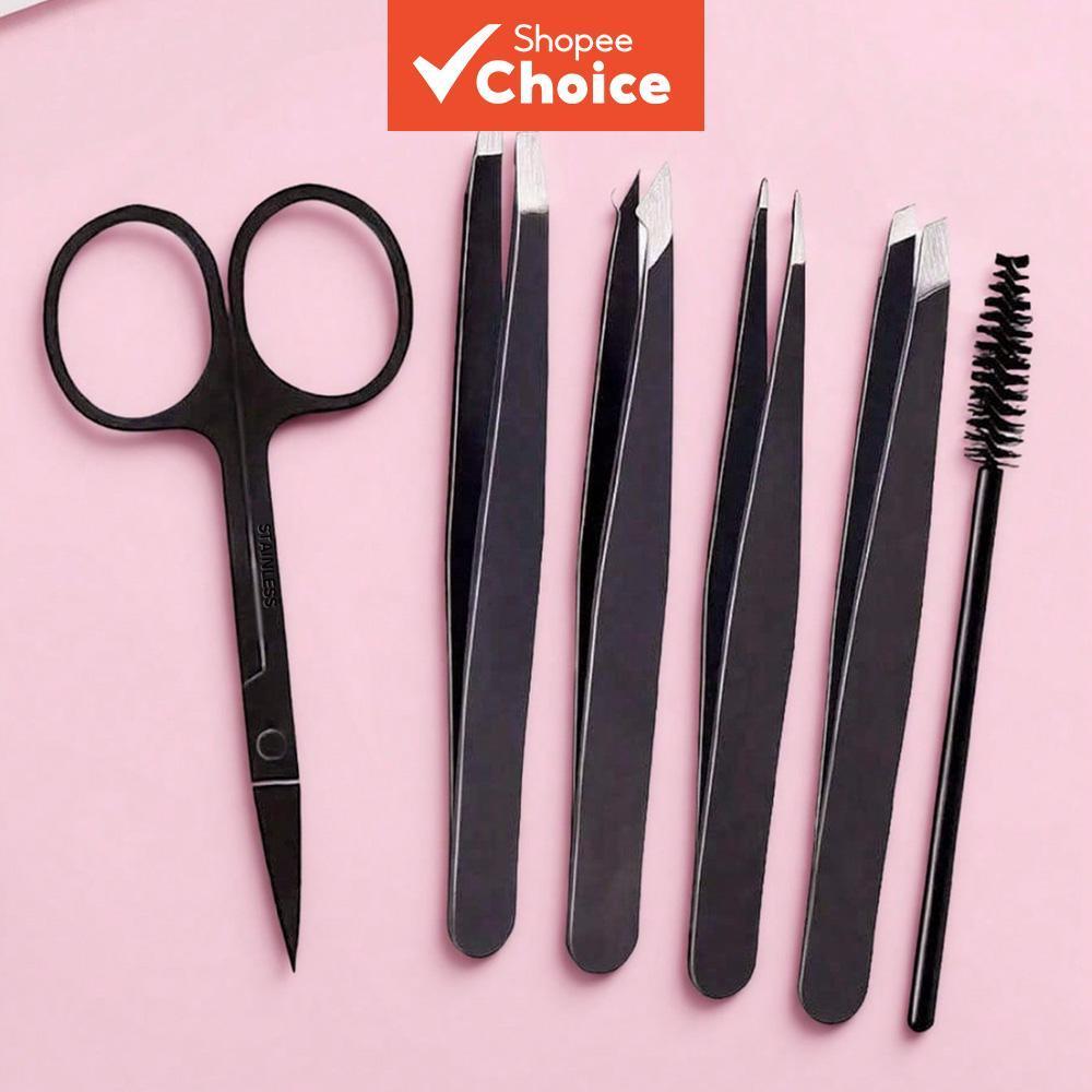 Conjunto de 6 peças para extensão de cílios pretos, incluindo tesoura, pinça e escova de cílios de plástico. Ferramentas