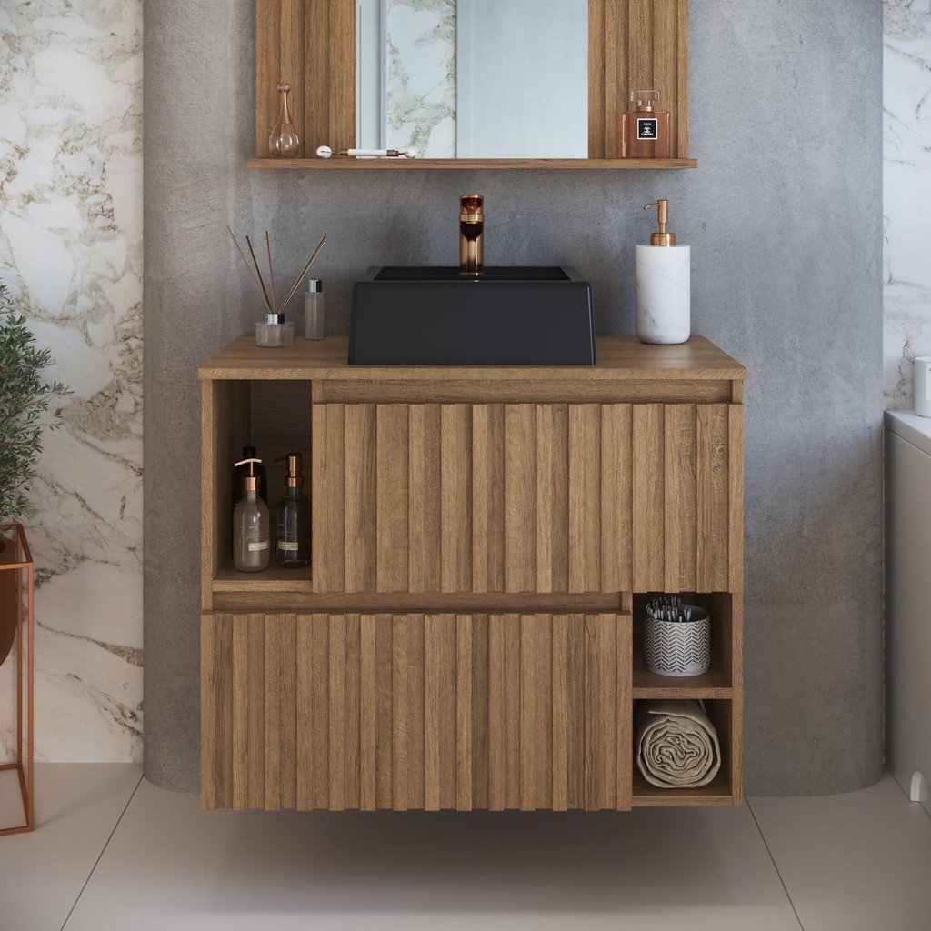 Gabinete de Banheiro Suspenso 75cm Luiza com 2 Portas Basculante com Cuba Marrom/Mel Mel