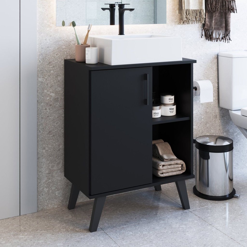 Gabinete para Banheiro 60cm com 1 Porta e 2 Prateleiras BA305 sem Cuba Preto Preto