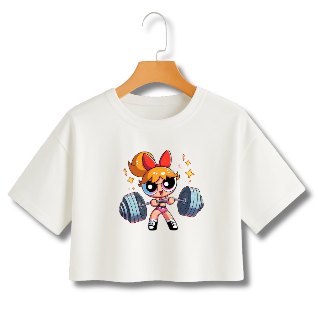 BLUSA CROPPED MENINAS SUPER PODEROSAS FLORZINHA ACADEMIA LANÇAMENTO PROMOÇÃO