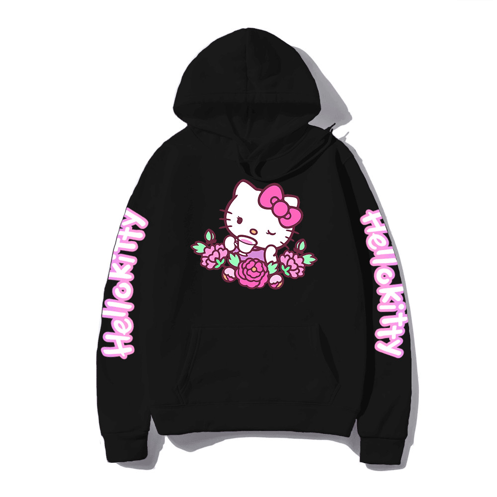 Moletom Blusa de Frio Estampada Hello Kitty Flores Chá Desenho Agasalho Quentinho Feminino Casaco Flanelado Confortavel