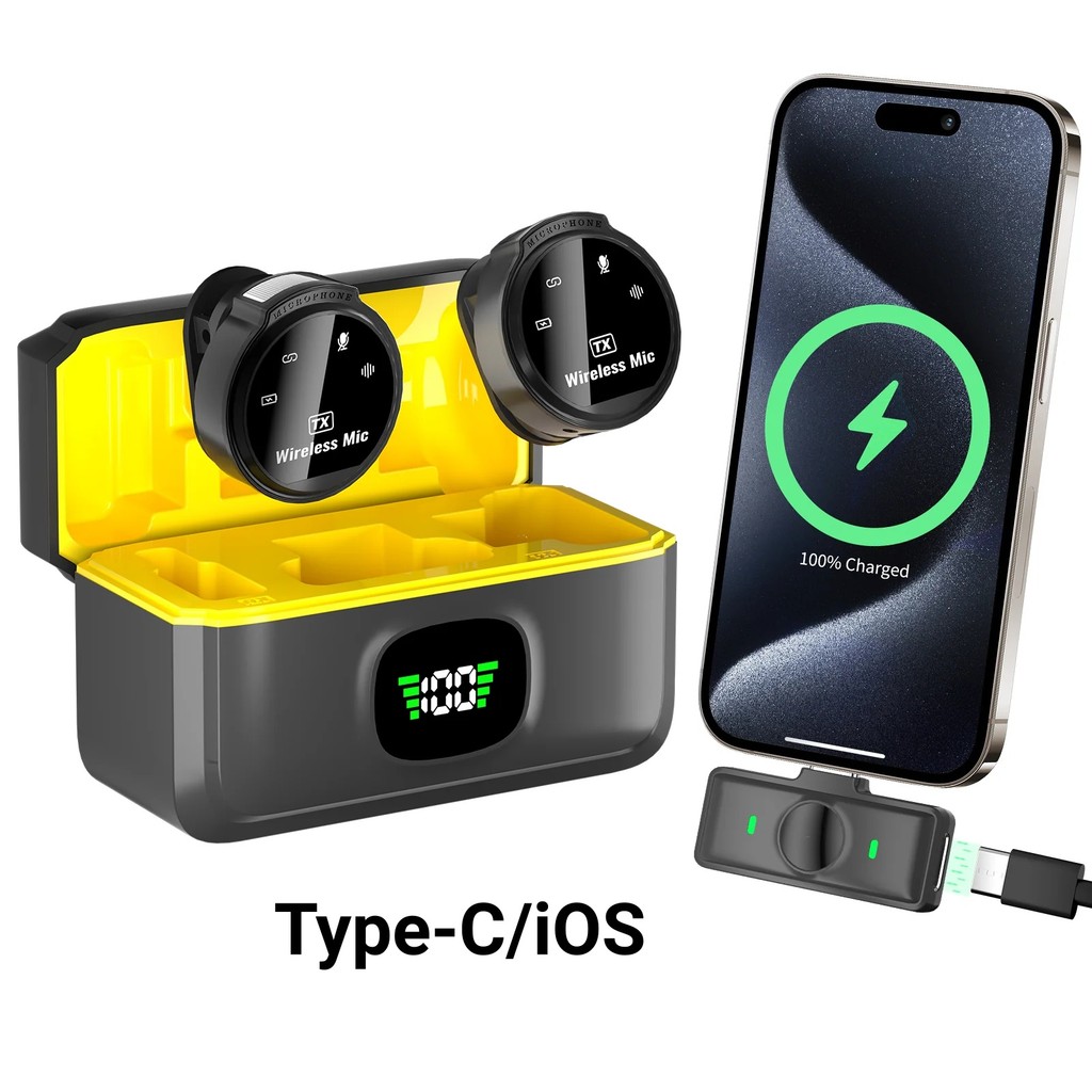 Microfone Sem Fio Duplo Lapela Redondo Profissional Para Celular Type-C/iOS, iPhone 15 16 17 Anti Ruído Para Vlog Lives