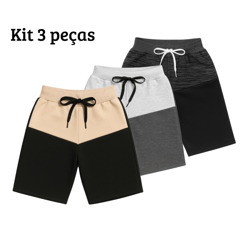Kit 3 Bermudas Bicolor Shorts Infantil Masculina Moletinho Menino criança 02 a 12 anos