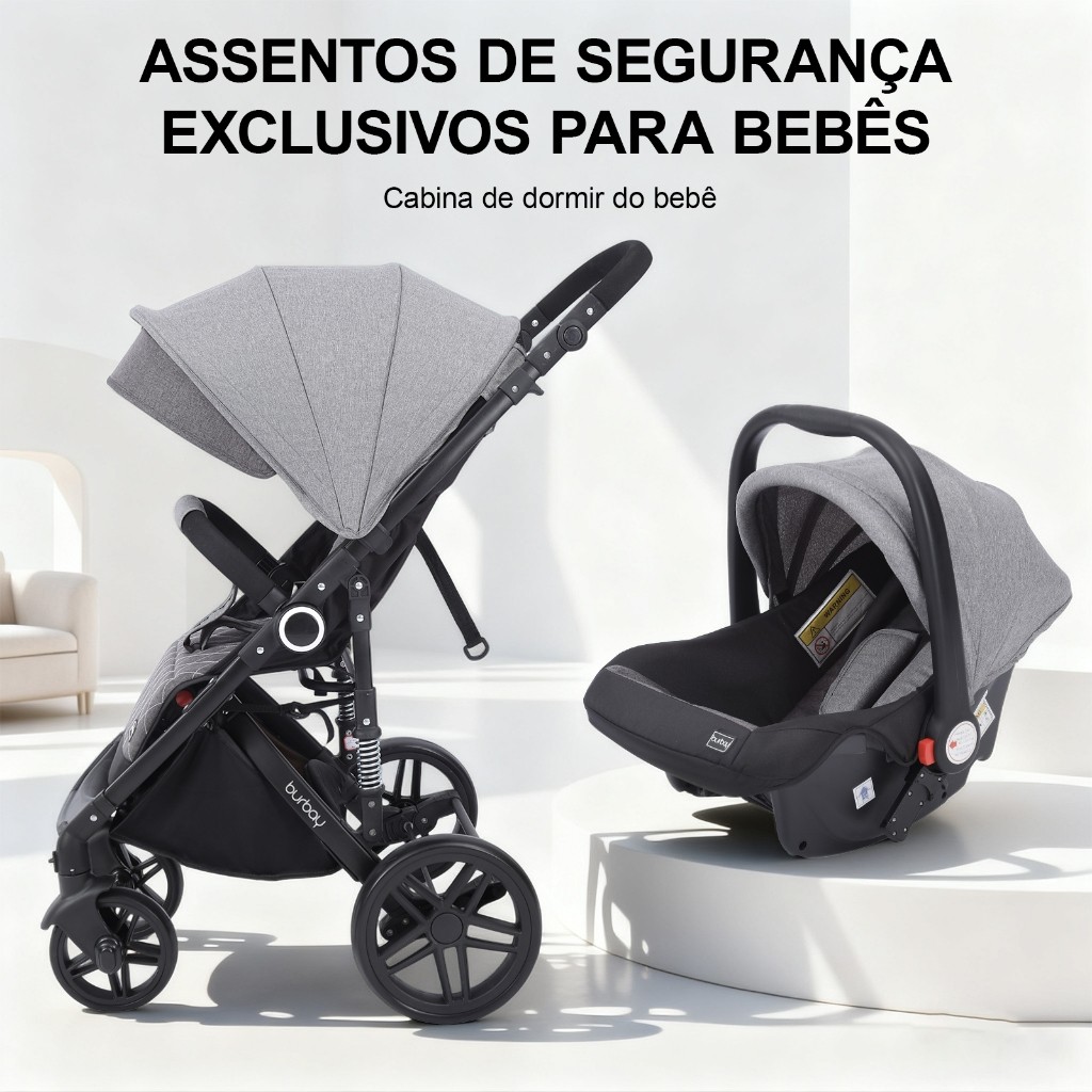 Carrinho de Bebê Travel System 3 em 1 Alta Visão – Bebê Conforto + Assento Reclinável + Mochila Maternidade