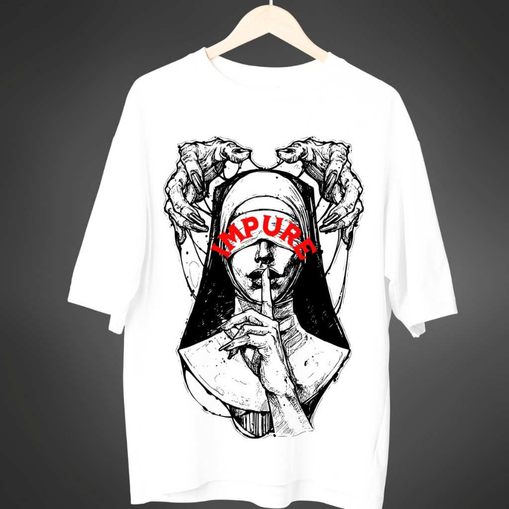 [Camiseta Premium em Algodão Puro]GXG Camiseta Oversized Streetwear Masculina Freira Terror Impure Estampada Grande