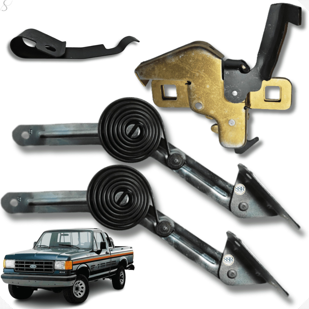 Kit Fechadura + Trinco + 2 Dobradiça Articulada Do Capô Ford F1000 F4000 1993 A 1998
