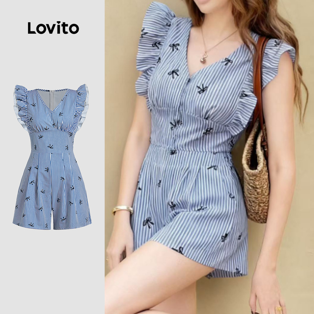 Lovito Casual Macacão com Zíper para Primavera/verão Azul para Mulheres L157ED35