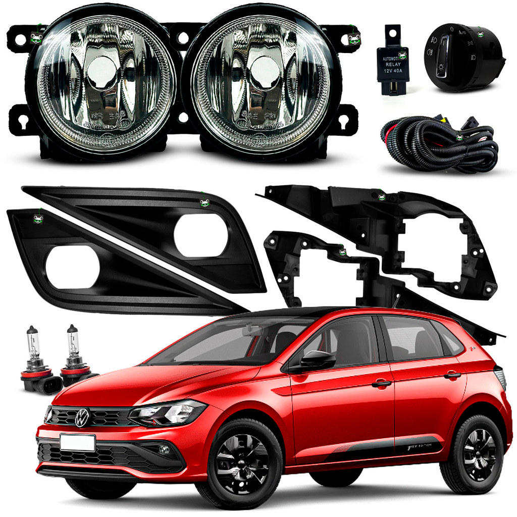 Kit Farol Aux Milha Polo Track 2023 2024 2025 Lâmpada H8 35W + Moldura + Grade + Botão Original