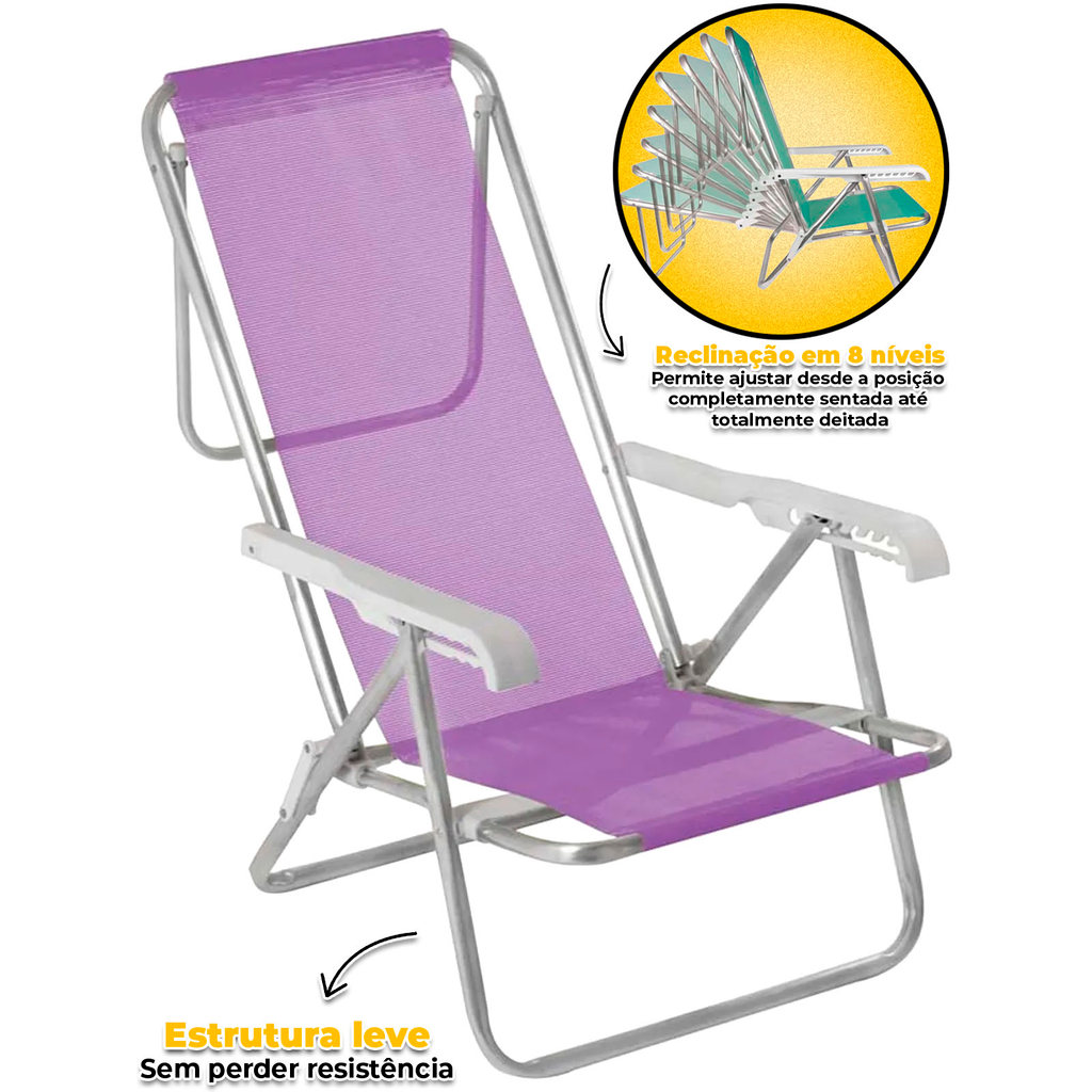 Cadeira De Praia Reclinável 8 Posições Alumínio Mor Sol Campo Piscina Camping Pesca Lazer — imagem 2 de 2
