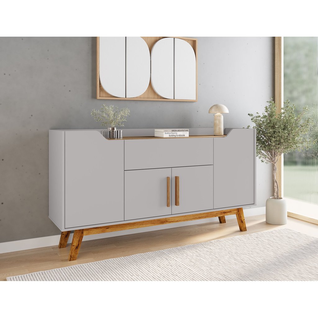 Buffet Aparador 1 Gaveta 4 Portas Retro Pés de Madeira Future Branco/Off-White/Cinamomo Off White/Cinamomo