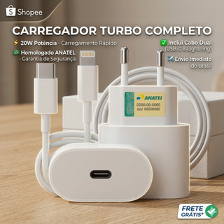 KIT Carregador Iphone Cabo + Fonte USB -C Lightning Turbo 20W Serie 8 11 12 13 14