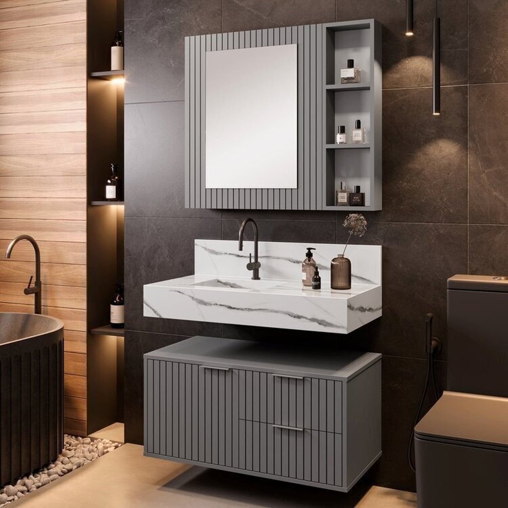 Conjunto para Banheiro Bancada em Porcelanato com Cuba Esculpida, Armário e Espelheira Ripy 80cm Cinza