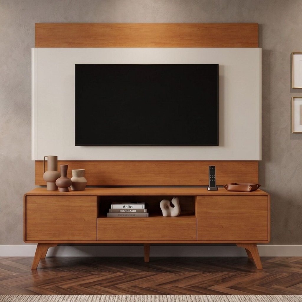 Rack com Painel para TV até 65 Polegadas 185cm x 187cm 100% MDF e Pés em Madeira Maciça Ares  Naturalle Naturalle Off