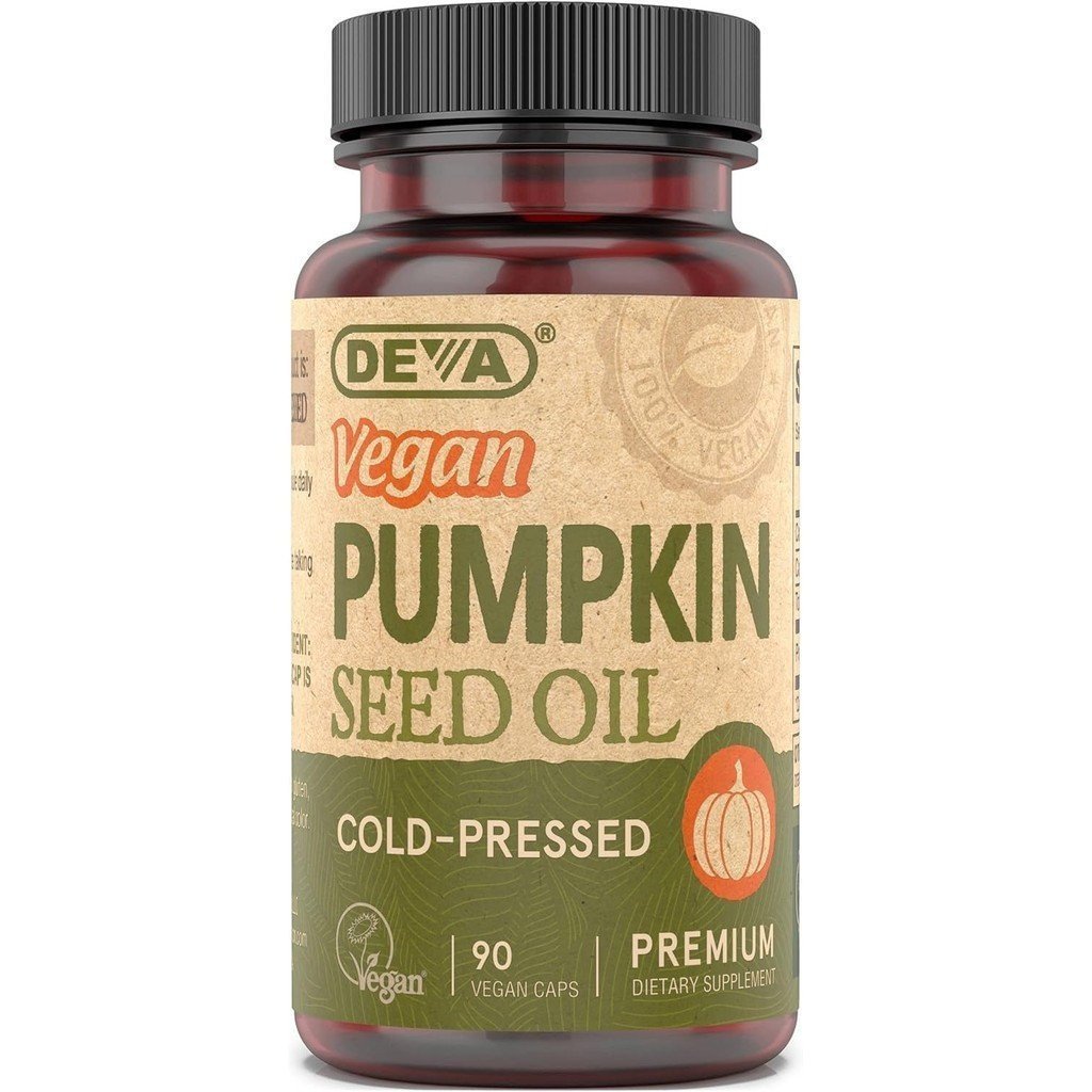Óleo de Semente de Abóbora Vegano DEVA Nutrition 500mg, Prensado a Frio e Não Refinado - 90 Cápsulas, 1 Pacote QCF3