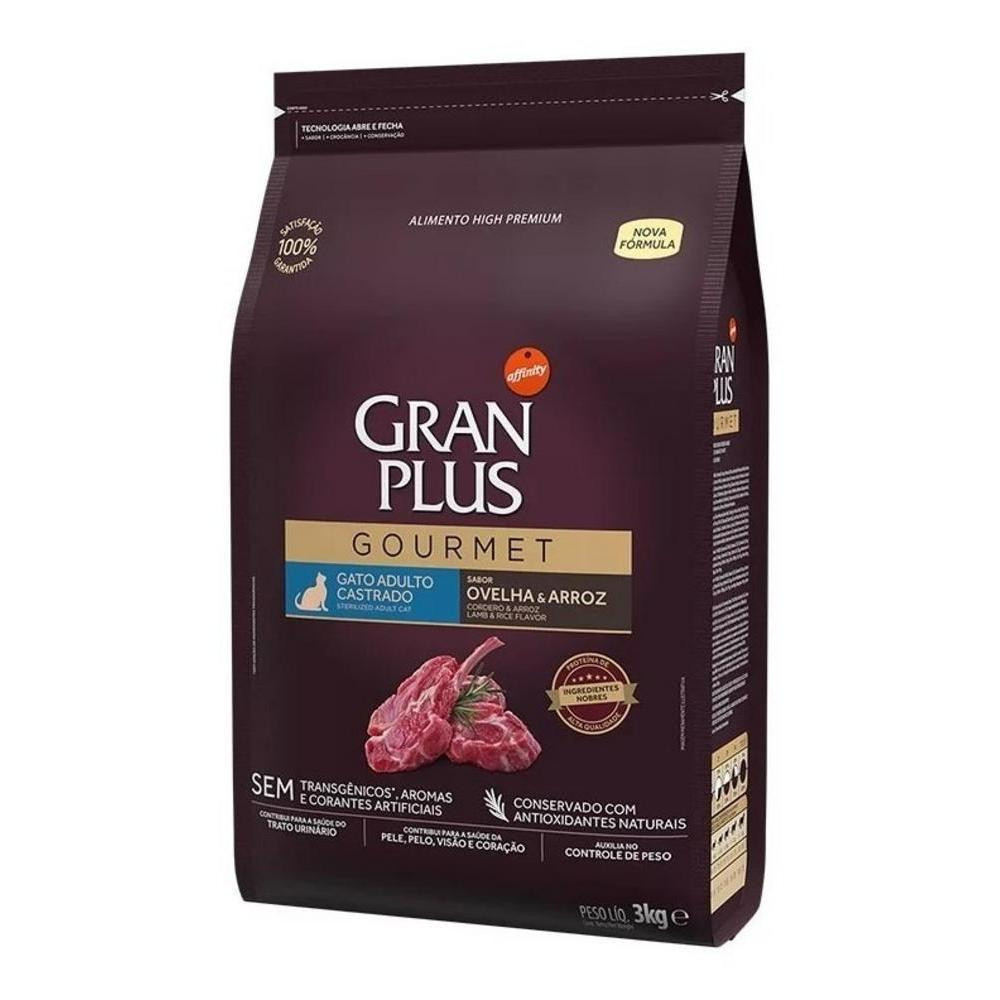 Ração Seca GranPlus Gourmet para Gatos Castrados Sabor Ovelha e Arroz 3Kg