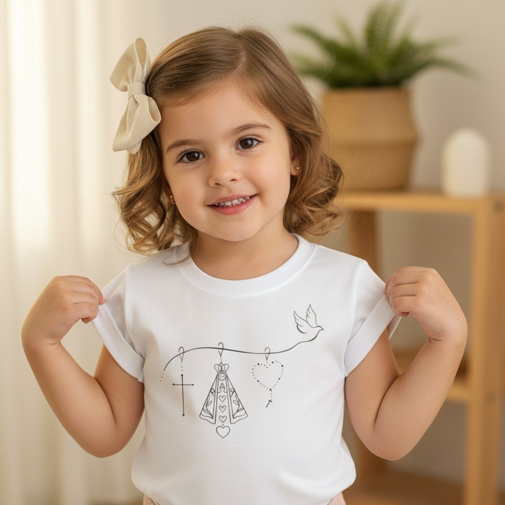 T-shirt Infantil Menina Nossa Senhora Aparecida Cristã Algodão Várias Cores Camiseta Religiosa Kids