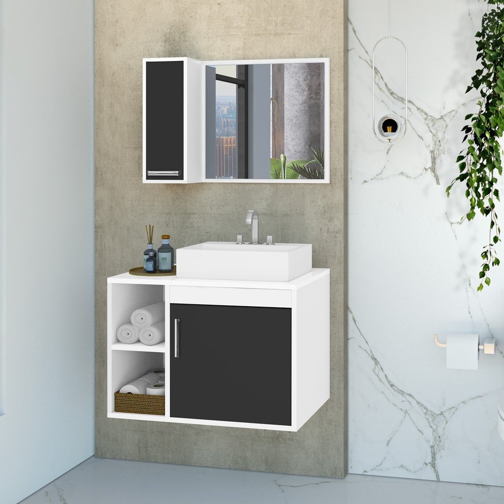 Conjunto Gabinete para Banheiro com Cuba de Sobrepor e Espelheira 60cm Dublin Branco/Preto