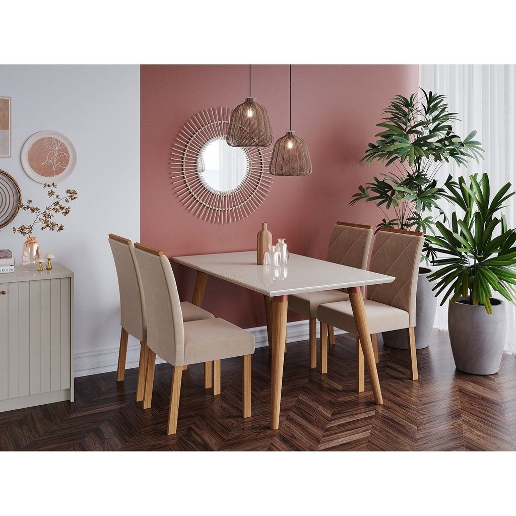 Conjunto para Sala de Jantar Mesa 130cm Adele 4 Cadeiras Fernanda Marrom/Madeira/Off White/Nude