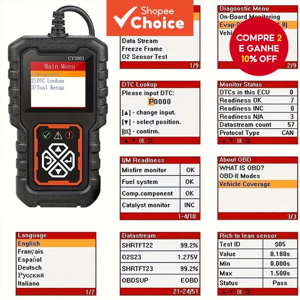  Scanner automotivo universal CY3001 para motores com defeito C0DES, para leitura e exclusão de códigos C0DES em