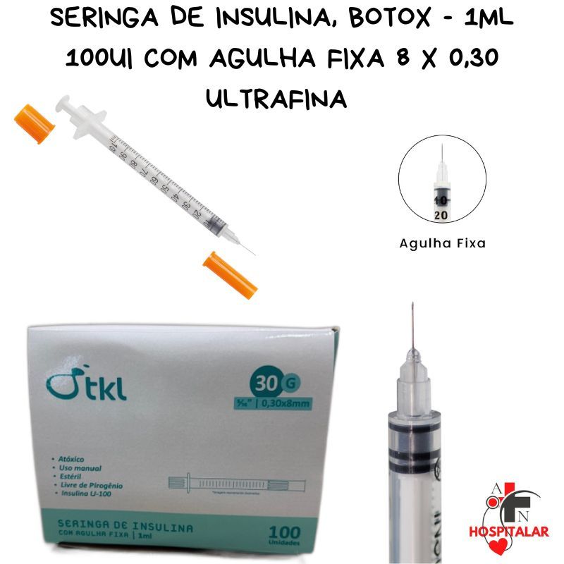Seringa de Insulina Botox 1ml 100UI com Agulha Fixa 8 x 0,30 - UltraFina em Oferta na Shopee