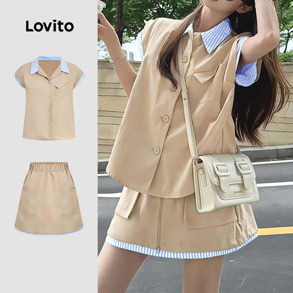 Lovito Conjuntos de Saia Casual Falsos 2 em 1 Botão Primavera/verão Conjuntos de Saia Cáqui para mulheres L164LD129 em Oferta na Shopee
