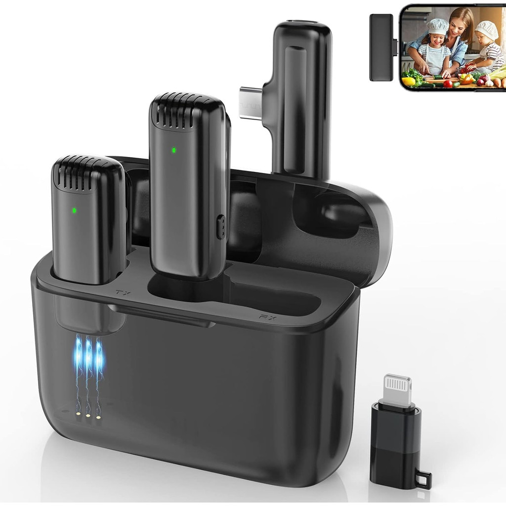 Microfone de Lapela Tipo-C / iPhone | Cancelamento de Ruído | Case de Carregamento