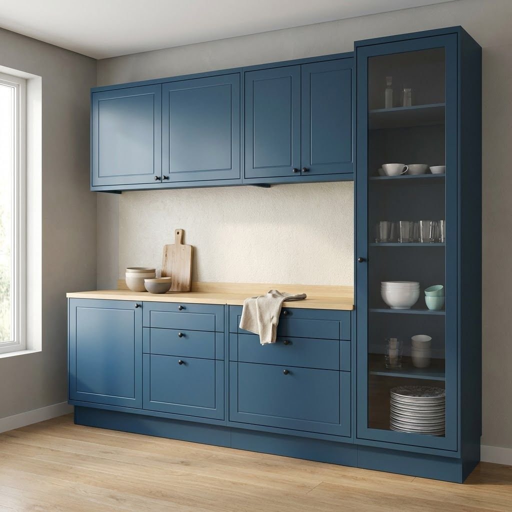Cozinha Compacta Modulada 5 Peças 2 Balcões com Tampo 2 Armários Aéreos e Cristaleira em MDF Sevilha Azul/Carvalho