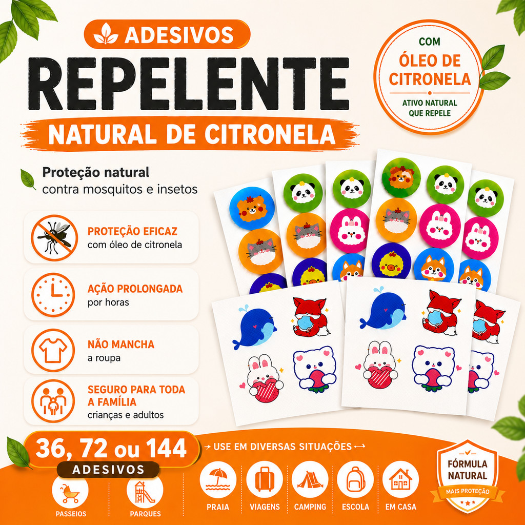 Kit 36/72/144 Adesivo Repelente Infantil Natural De Citronela
