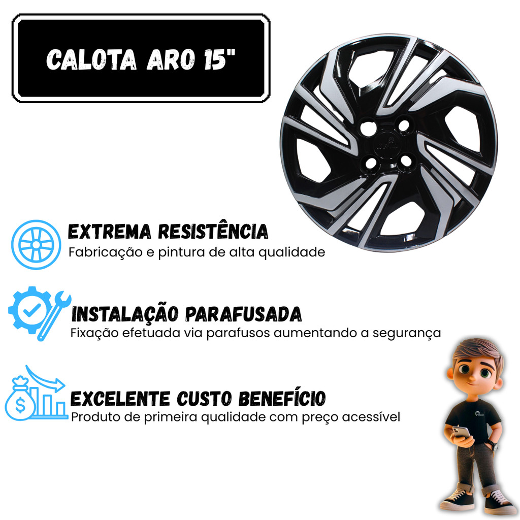 Jogo Calota Onix 2020 2021 2022 2023 2024 Aro 15 Preta Com Prata — imagem 2 de 2