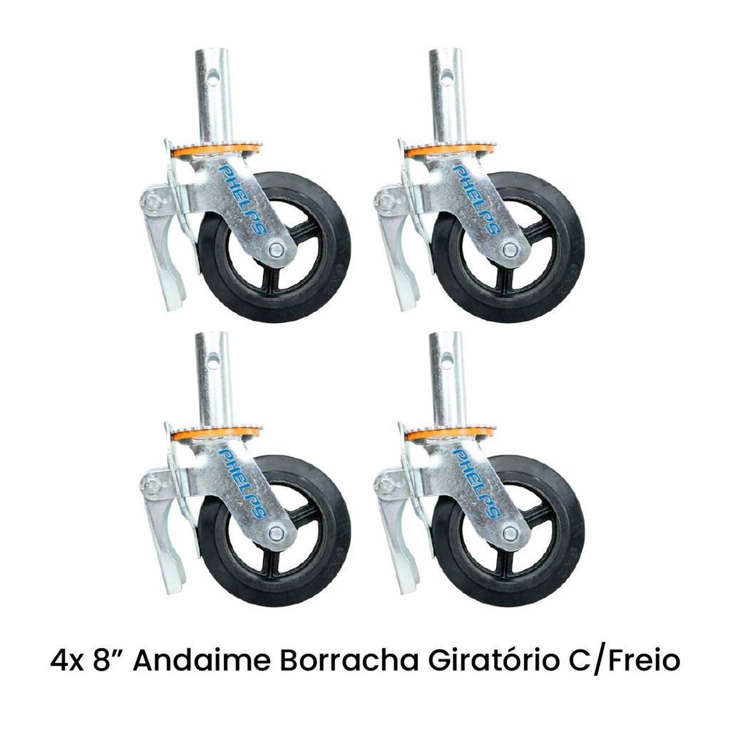 Kit 4 Rodas Andaime 6" 150mm Borracha Com Freio Espiga