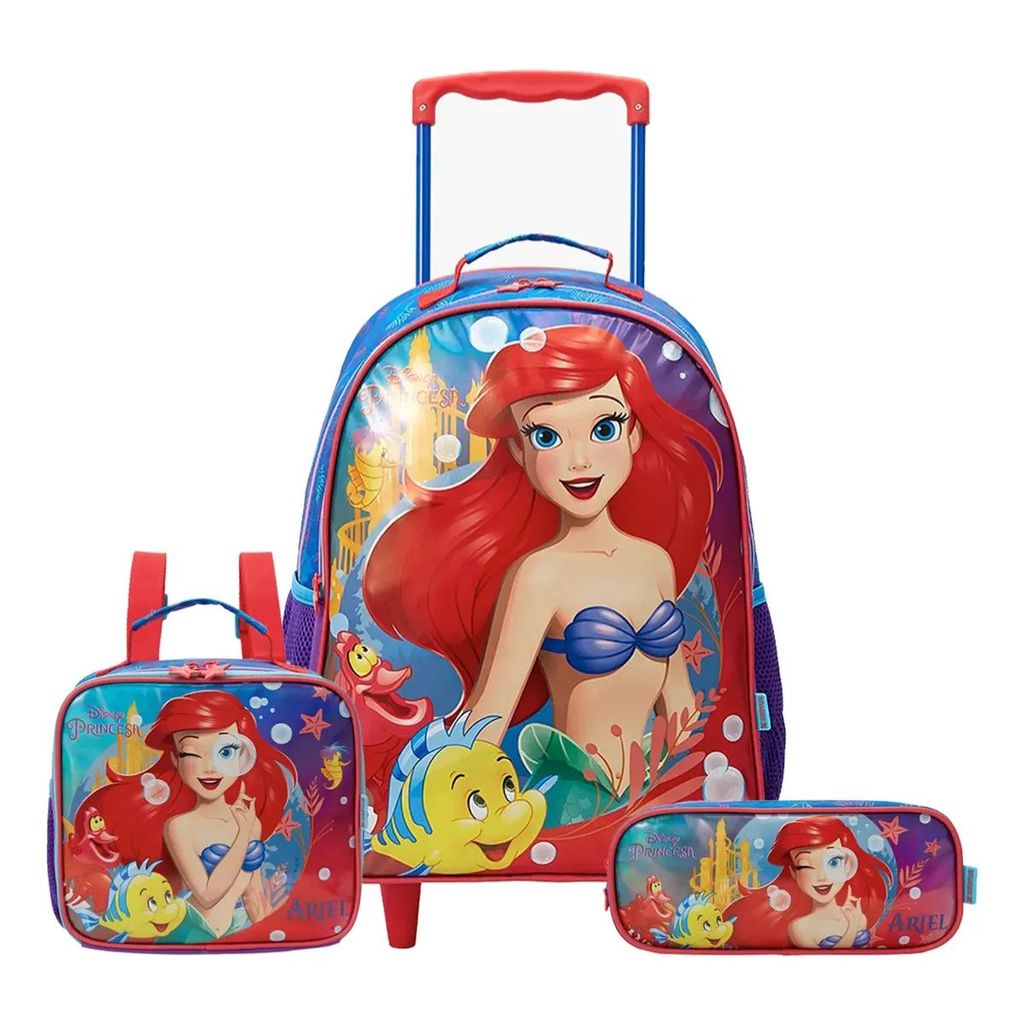 Kit Mochila Rodinhas Escolar Princesa Ariel Lancheira Estojo Infantil Xeryus