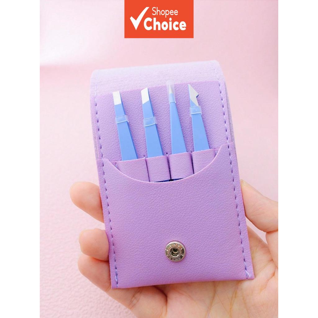 Conjunto De 4 Peças De Pinças De Aço Inoxidável Azul E Roxo Em Bolsa De Couro Para Remoção De Pelos Preparação De Sobran