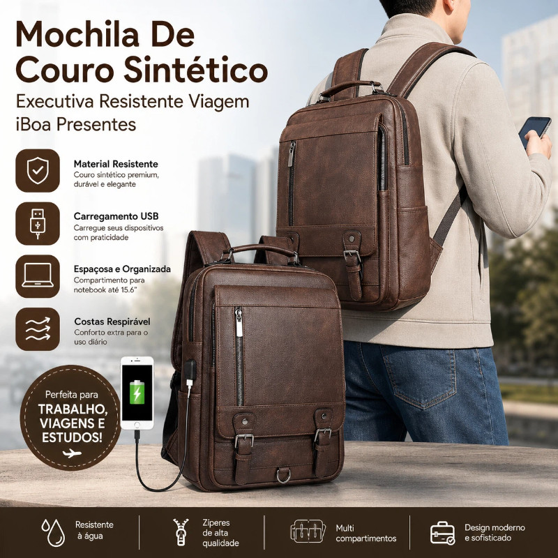 Mochila De Couro Executiva Notebook 15.6 Reforçada Resistente À Água Trabalho Faculdade Viagem